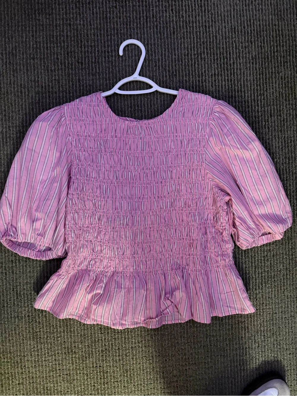 Old Navy Pink Smocked Top with Striped Puff Sleeves